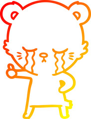 warm gradient line drawing crying cartoon bear giving thumbs up