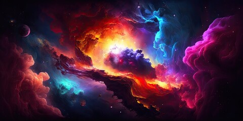 Colorful galaxy nebula wide background, Abstract, Generative AI Digital Illustration