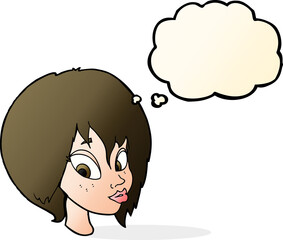 cartoon pretty female face pouting with thought bubble