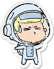 distressed sticker of a cartoon stressed astronaut