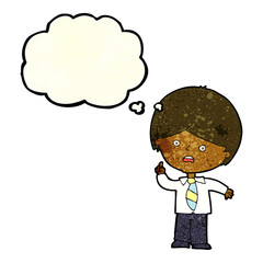 cartoon worried school boy raising hand with thought bubble