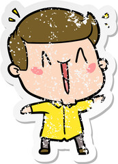 distressed sticker of a cartoon happy man