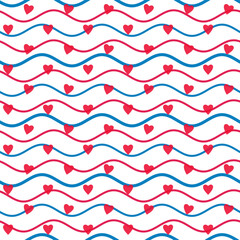 Blue line wave with red hearts on white background,beautiful pattern for interior decorative,abstract concept and design