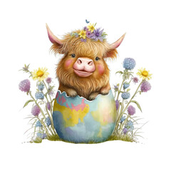 cute highland cow with easter eggs,spring flowers
