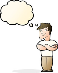 cartoon muscular man with thought bubble