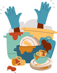 Hands in pile of different things flat icon Dirty dishware