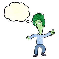 cartoon vampire man with thought bubble
