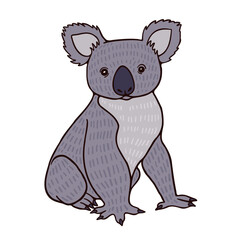 Cute grey koala with small eyes on white background