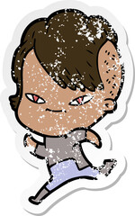 distressed sticker of a cute cartoon girl with hipster haircut
