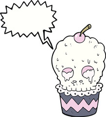 spooky skull cupcake cartoon with speech bubble