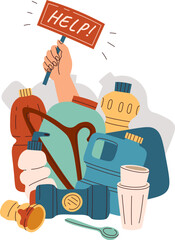 Hands in pile of different things flat icon Household