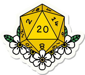 natural 20 D20 dice roll with floral elements sticker