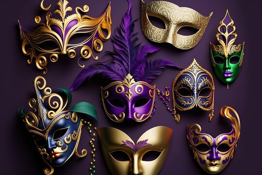 Assorted Mardi Gras or Carnivale mask on a purple background stock photo Mardi Gras, Bead, Backgrounds, Mask - Disguise, Decoration