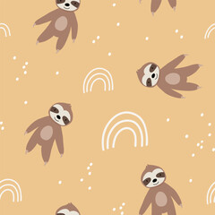 Cute bear seamless pattern. sloth with rainbows. Kawaii cartoon character. Baby greeting card template. Notebook cover, tshirt.