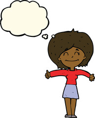 cartoon woman giving thumbs up sign with thought bubble