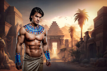 Artwork of man with naked torso in ancient egypt with pyramids.