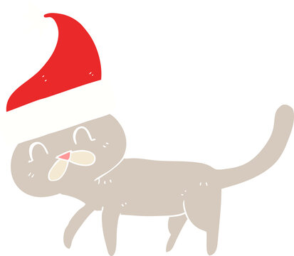flat color illustration of a cartoon cat wearing christmas hat