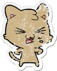 distressed sticker of a cartoon hissing cat