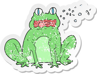 retro distressed sticker of a cartoon burping frog