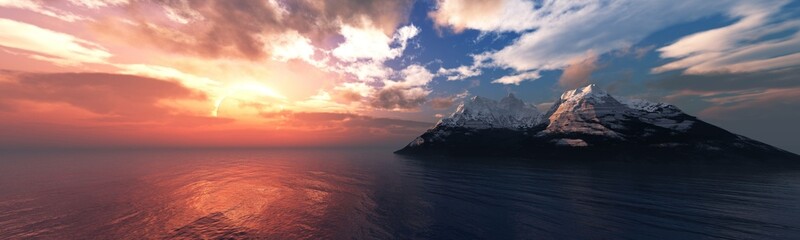 Beautiful sea sunset over the ocean near the island with a snowy peak, 3d rendering