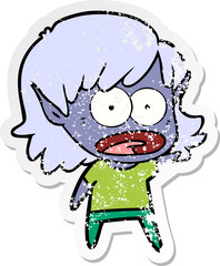 distressed sticker of a cartoon shocked elf girl