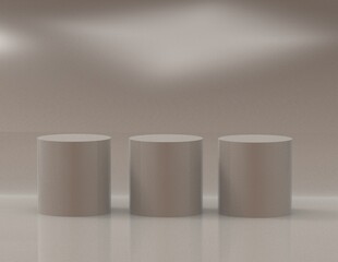 3 cylinder pedestal podium display, Empty room background.metallic. Abstract modern rendering 3d shape for products display presentation.  minimal wall scene, Studio room.