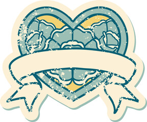 distressed sticker tattoo style icon of a heart and banner with flowers