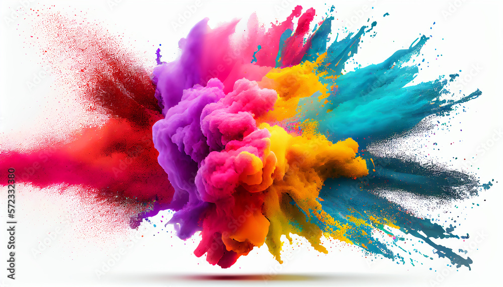 Wall mural colorful paint splashes, colored powder explosion. paint holi, mix rainbow splash on isolated white 