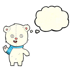 cartoon waving polar bear cub with scarf with thought bubble