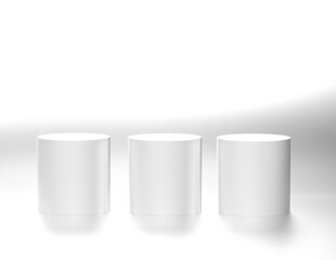 3 cylinder pedestal podium display, Empty room background.silver metallic. Abstract modern rendering 3d shape for products display presentation.  minimal wall scene, Studio room.