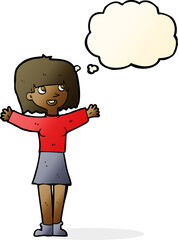 cartoon excited woman with thought bubble