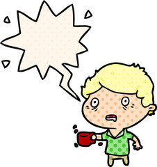 cartoon man jittery from drinking too much coffee and speech bubble in comic book style