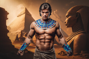 Portrait of muscular man in ancient egyptian desert with pyramids.
