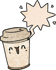 cartoon take out coffee and speech bubble in retro texture style