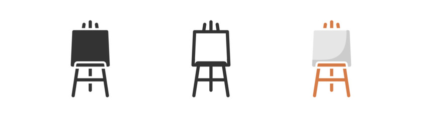 Easel icon on light background. Art, watercolor mockup. Art studio, painting, paint, artboard, sign. Outline, flat and colored style. Flat design. Vector illustration.