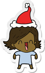 sticker cartoon of a happy woman wearing santa hat