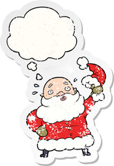 cartoon santa claus waving hat and thought bubble as a distressed worn sticker