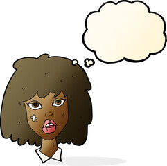 cartoon woman with bruised face with thought bubble