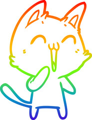 rainbow gradient line drawing happy cartoon cat meowing