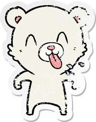 distressed sticker of a rude cartoon polar bear sticking out tongue