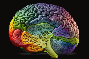 Obraz premium Colored brain containing and labeling vital vitamins for development. Generative ai