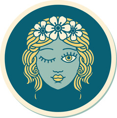 tattoo style sticker of a maidens face winking