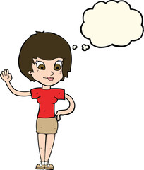 cartoon woman waving with thought bubble