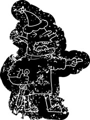 cartoon distressed icon of a goblin with knife wearing santa hat