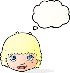 cartoon happy female face with thought bubble