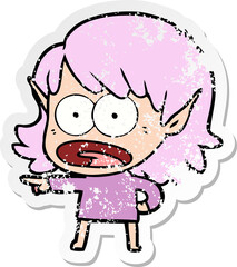 distressed sticker of a cartoon shocked elf girl