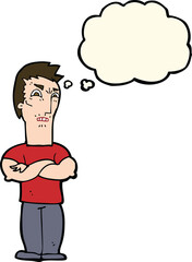 cartoon annoyed man with folded arms with thought bubble
