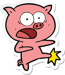 sticker of a cartoon pig shouting and kicking