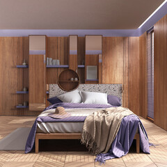 Minimalist wooden bedroom in purple and beige tones, close up. Master bed with blankets, parquet and window with venetian blinds. Japandi interior design