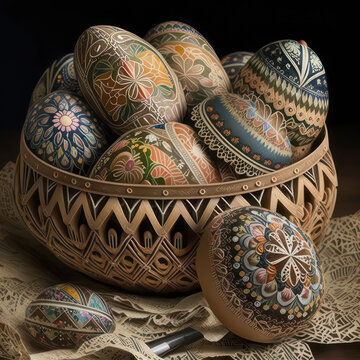 Pysanky, Ukrainian Easter Eggs in a basket. Ai Generated